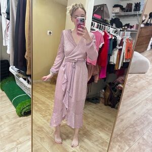 Kensie Metallic Crinkle Belted Midi-Dress  Shimmering Pink Long Sleeve Dress